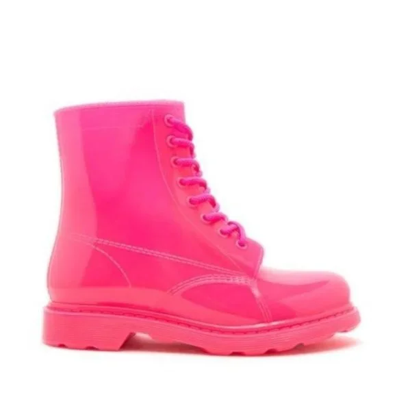 !! NEW !! Neon Pink Lace Up Combat Rain Boots - Picture 1 of 6